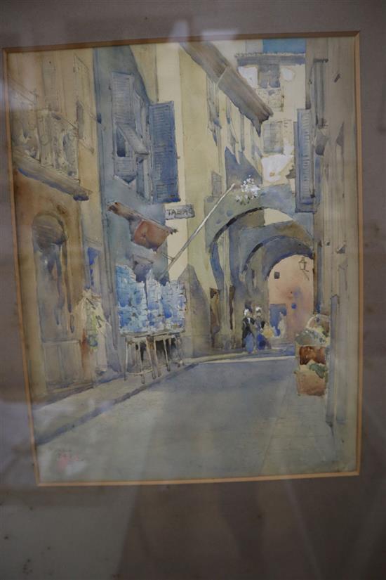 Sir Edward Guy Dawber (1861-1938), watercolour, Street in Monaco, initialled and dated 20, 28 x 21cm